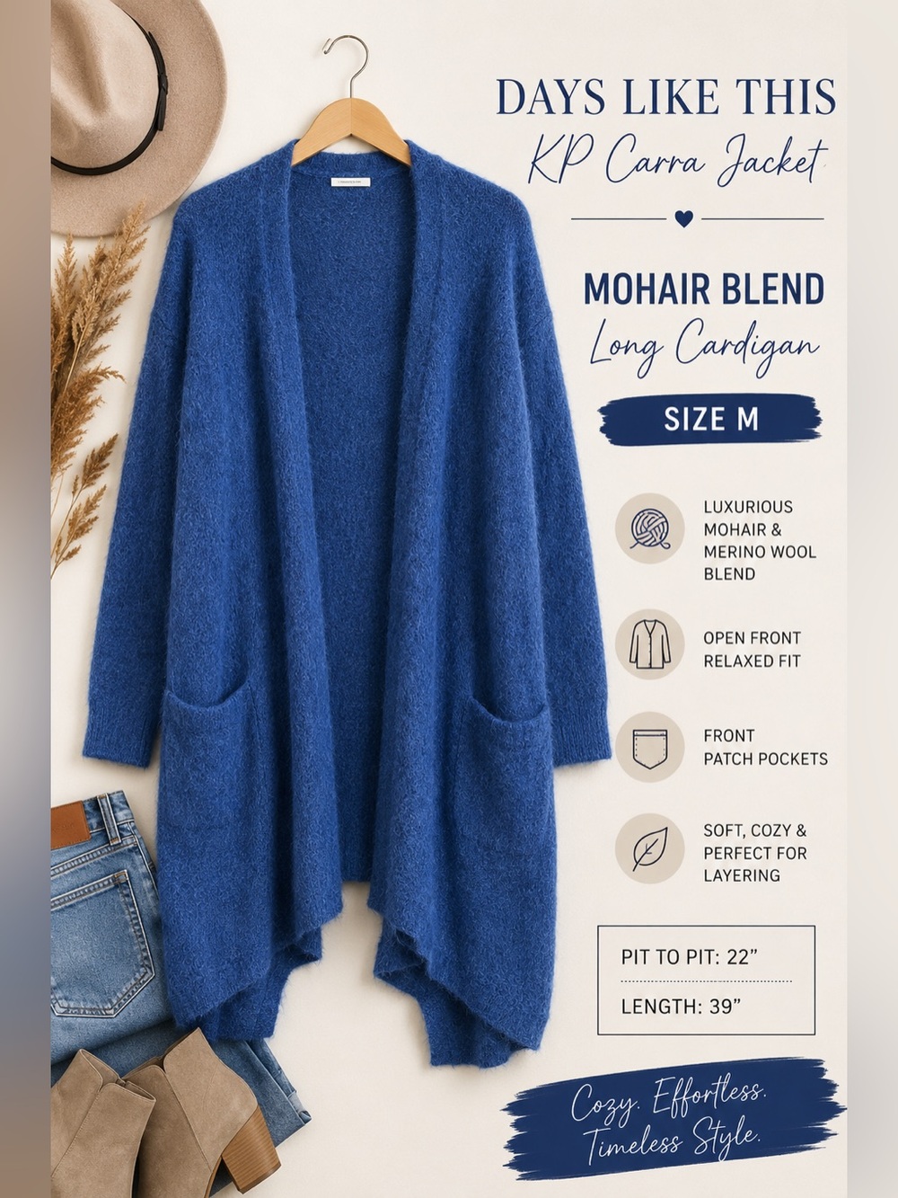 Days Like This KP Carra Mohair Merino Wool Long Cardigan Blue Size M
